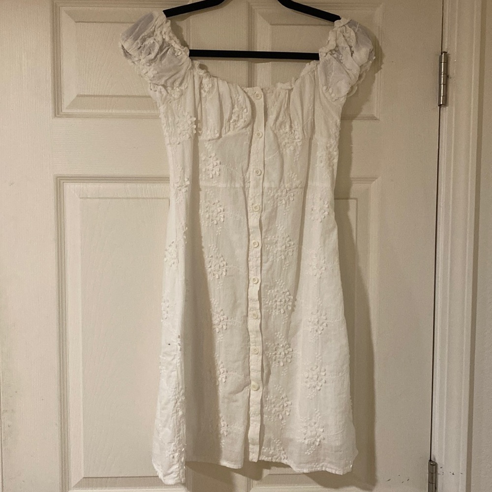 White Embroidered Mini Dress with Button Front